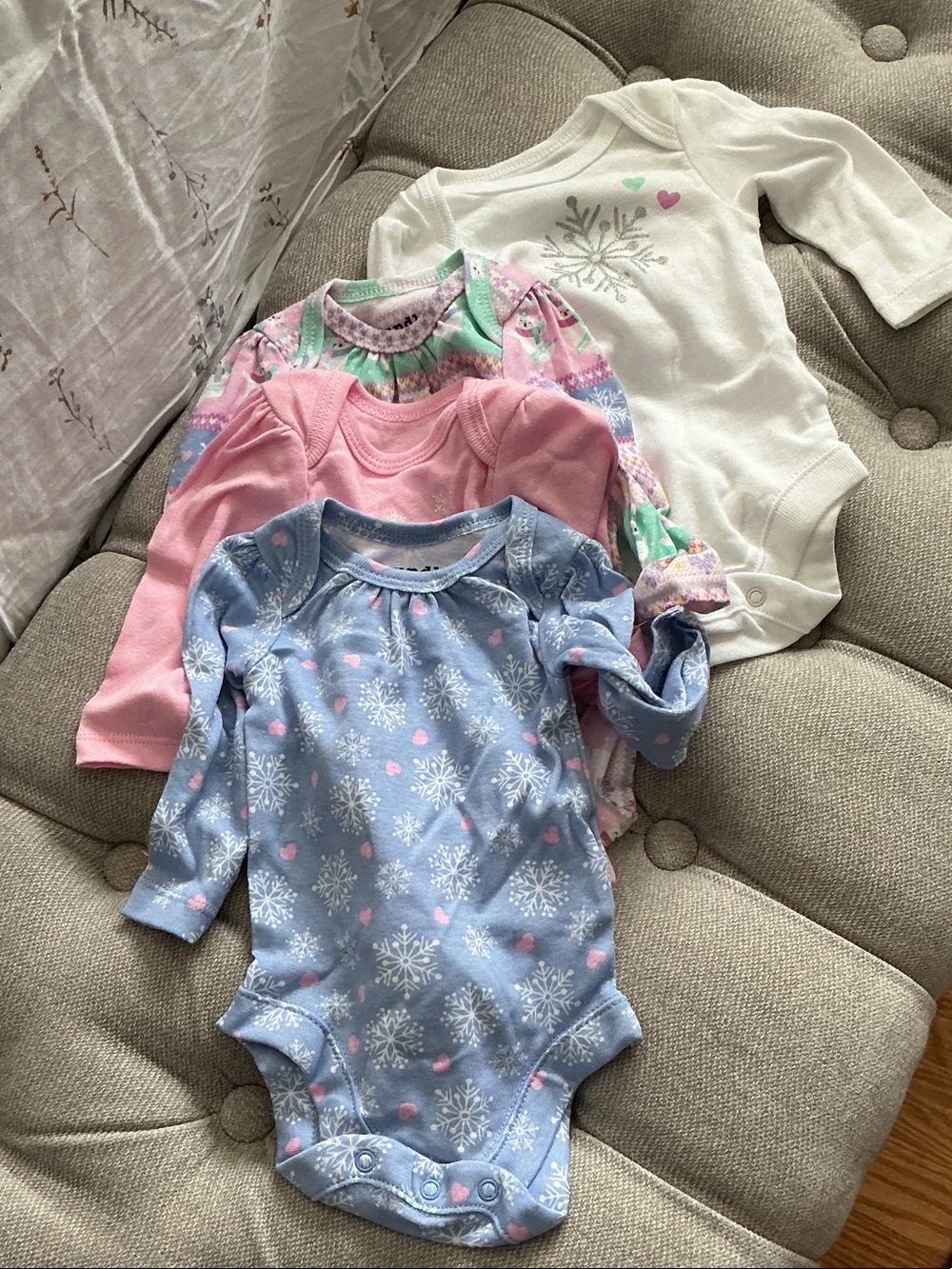 Snowflake Print Long-Sleeve Baby One-Piece Bodysuit Set - Pink, Blue, White